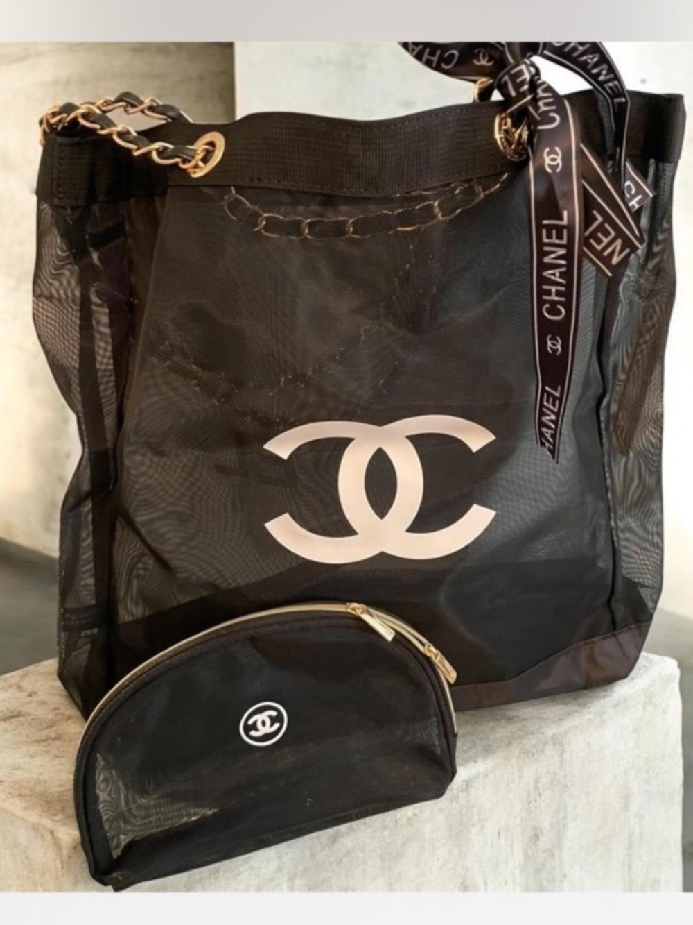 CHANEL Black Mesh Tote with Gold Chain and Cosmetic Pouch